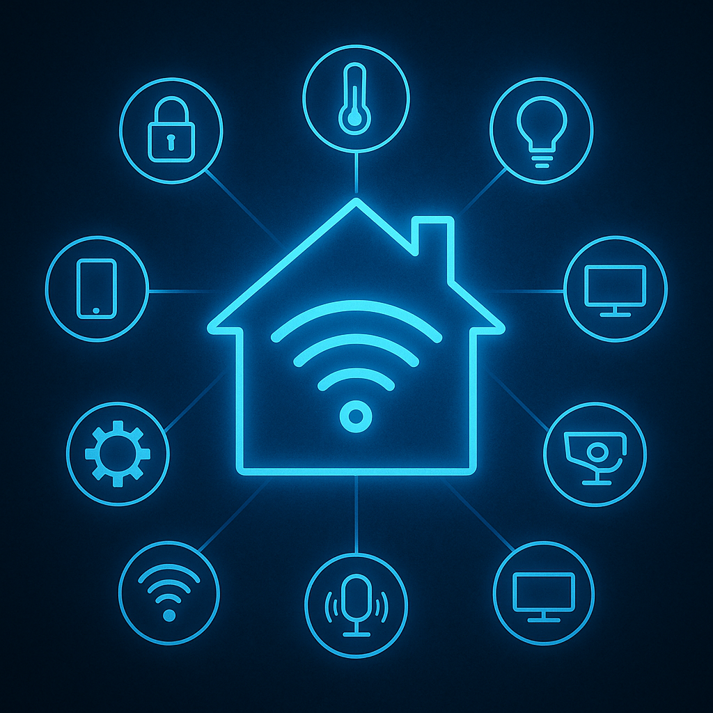 Casa com ícones de Wi-Fi e dispositivos inteligentes ao redor.