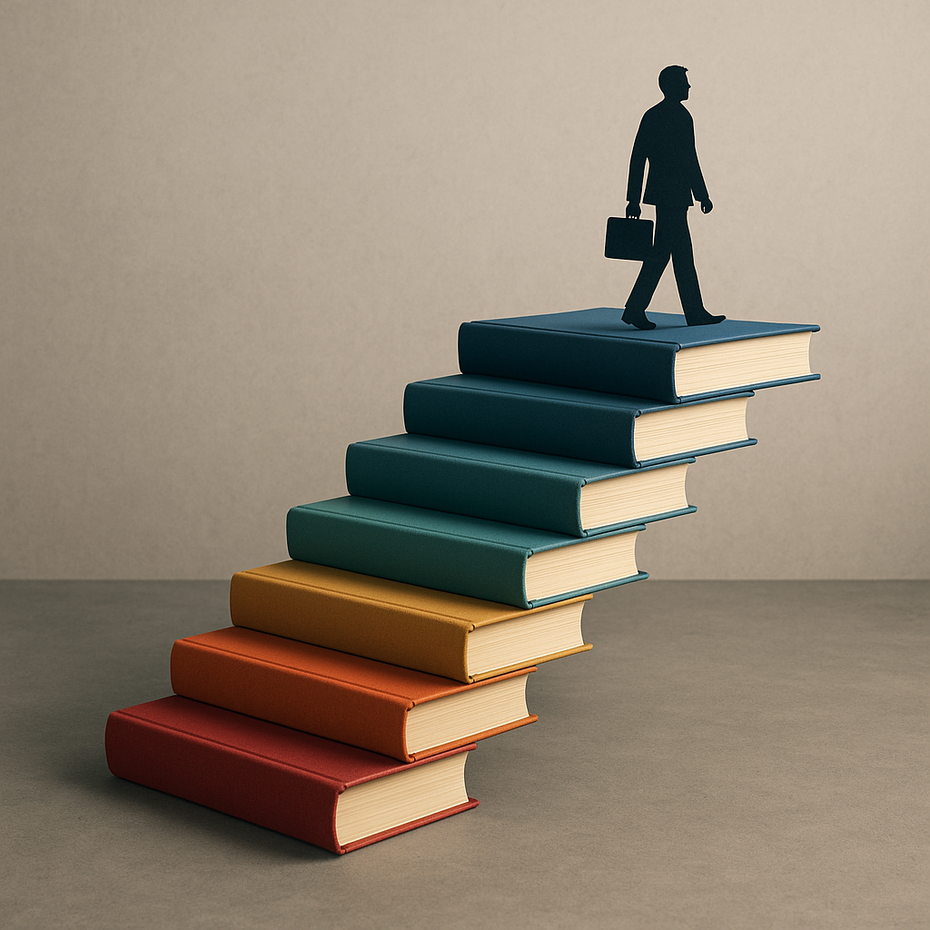Escada de livros simbolizando o crescimento na carreira em TI.