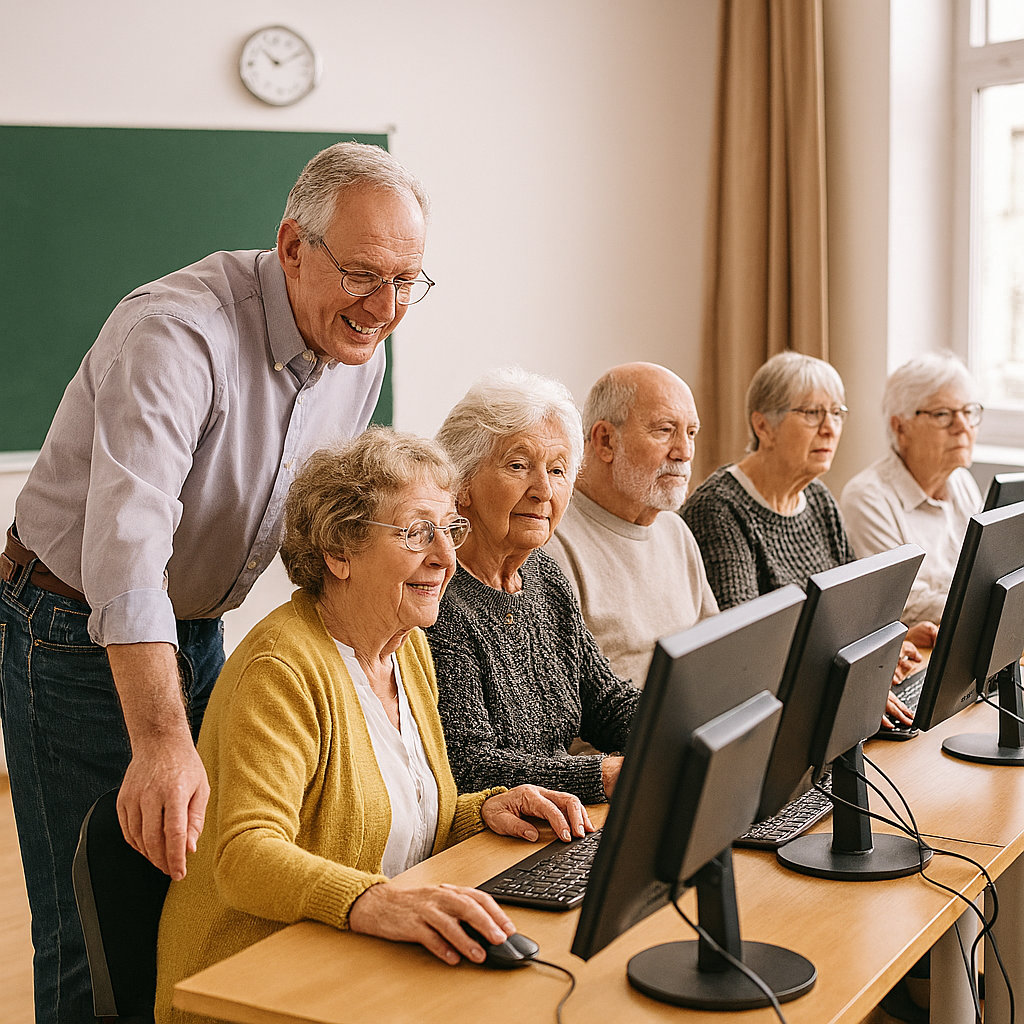 Grupo de idosos em uma sala de aula aprendendo a usar um computador.