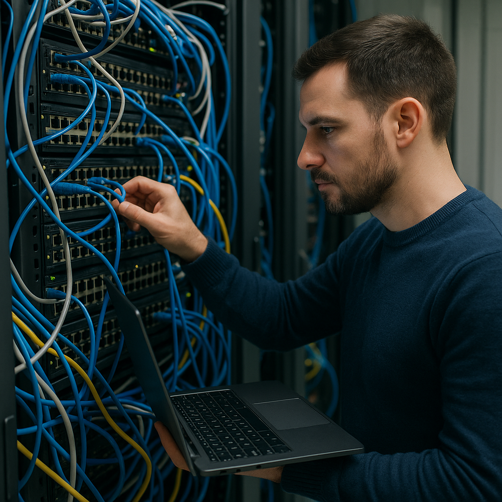 Homem trabalhando em um servidor de redes.