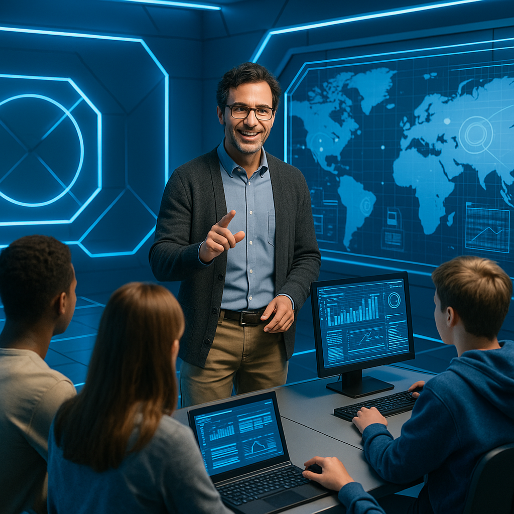 Professor em frente a uma lousa ensinando sobre tecnologia.