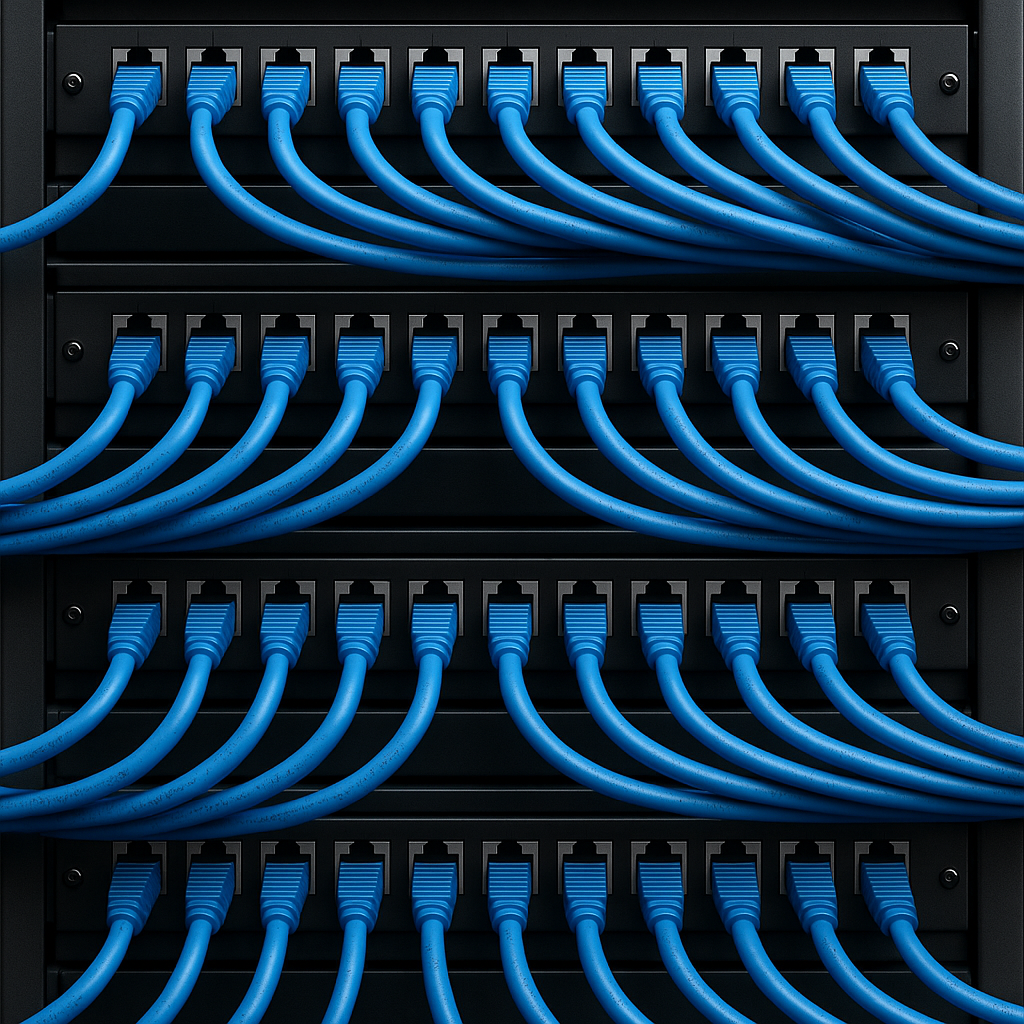 Cabos de rede organizados em um rack de servidor.